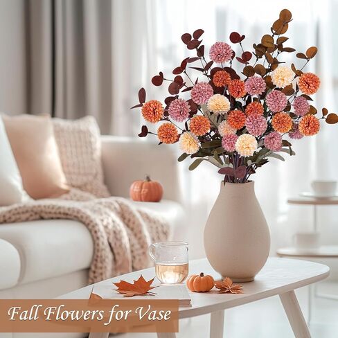7pcs beige white faux kiku flower 25 heads+18 eucalyptus ، long stem pom pof mums flowers flowers flows for drat in Kuwait