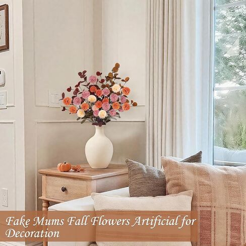 7pcs beige white faux kiku flower 25 heads+18 eucalyptus ، long stem pom pof mums flowers flowers flows for drat in Kuwait