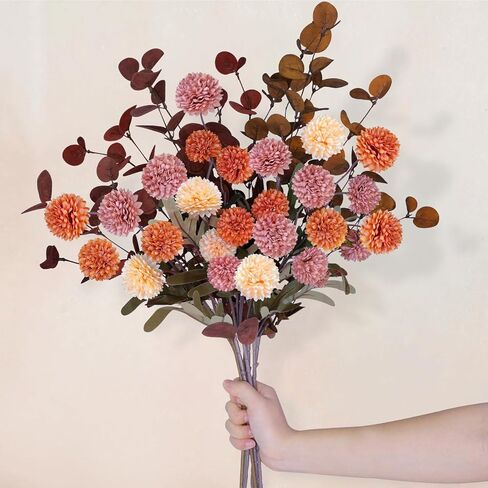 7pcs beige white faux kiku flower 25 heads+18 eucalyptus ، long stem pom pof mums flowers flowers flows for drat in Kuwait