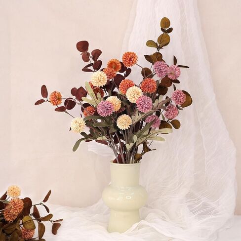7pcs beige white faux kiku flower 25 heads+18 eucalyptus ، long stem pom pof mums flowers flowers flows for drat in Kuwait