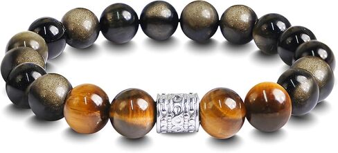 سوار رجالي Tiger Eye & Obsidian ، 10 ملم من الحجر الطبيعي للرجال الموضة الأساور للرجال هدية الرجال ، سوار الفولاذ المقاوم للصدأ للرجال ، مجوهرات الرجال للأب ， صديقها ， الزوج in Saudi Arabia