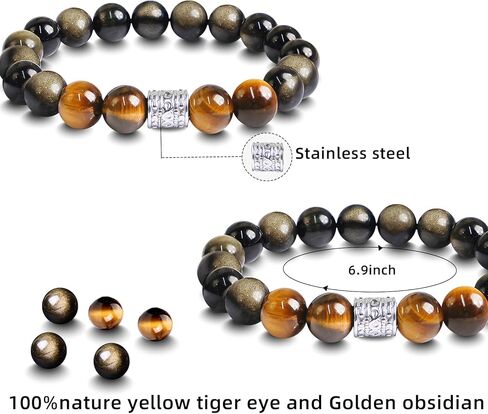 سوار رجالي Tiger Eye & Obsidian ، 10 ملم من الحجر الطبيعي للرجال الموضة الأساور للرجال هدية الرجال ، سوار الفولاذ المقاوم للصدأ للرجال ، مجوهرات الرجال للأب ， صديقها ， الزوج in Saudi Arabia
