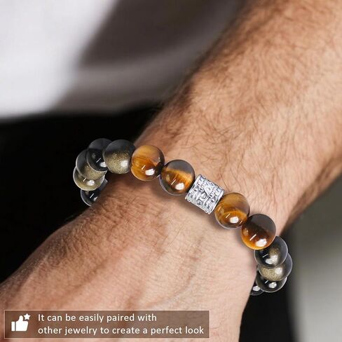 سوار رجالي Tiger Eye & Obsidian ، 10 ملم من الحجر الطبيعي للرجال الموضة الأساور للرجال هدية الرجال ، سوار الفولاذ المقاوم للصدأ للرجال ، مجوهرات الرجال للأب ， صديقها ， الزوج in Saudi Arabia