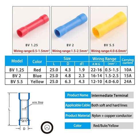200 Pcs Direct Butt Wire Terminal Splicing Crimp Insulated Copper Cold Pressed Terminal Wire Connector BV1.25 BV2 BV5.5 in Kuwait