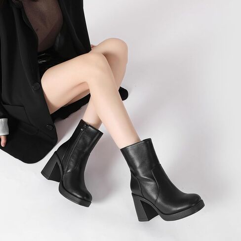 Women's Mid Calf Boots with Zipper, Square Toe Ankle Boots with Chunky Block Heel in Saudi Arabia