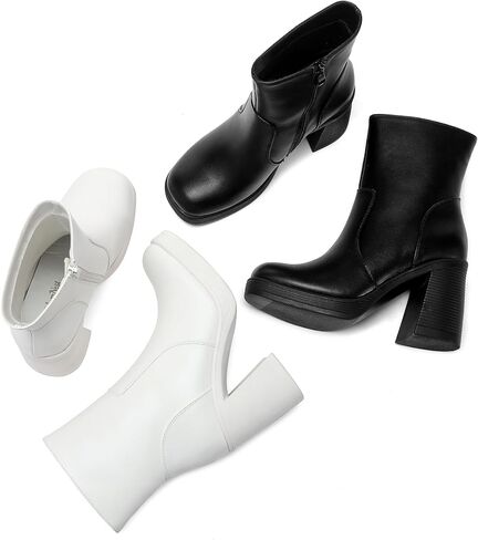 Women's Mid Calf Boots with Zipper, Square Toe Ankle Boots with Chunky Block Heel in Saudi Arabia