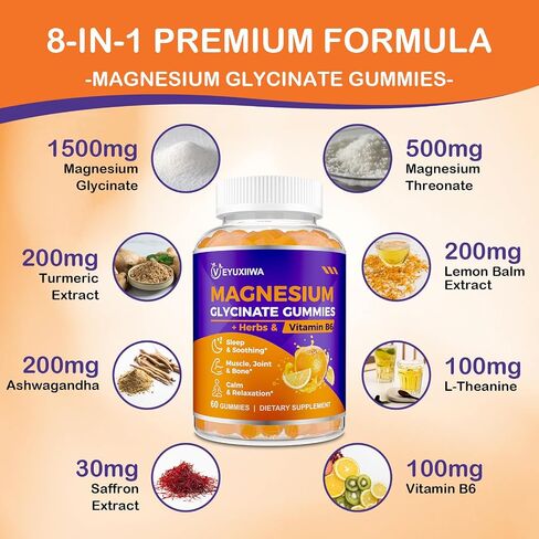 Glycinate glycinate gummies 2000mg ، magnesium gummies للبالغين مع المغنيسيوم l-threonate ، ashwagandha & b6 للعضلات والعظام ، المغنيسيوم l-threonate gummies للاسترخاء والطاقة ، نباتي-60 العد in Kuwait
