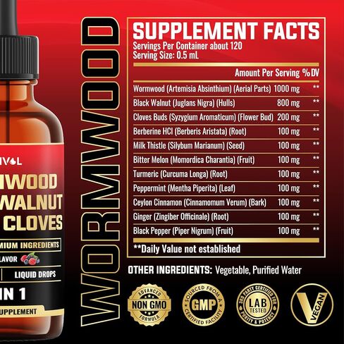 Wormwood Liquid Drops - Wormwood Extract Tincture with Black Walnut, Whole Cloves & 8 More Herbs - 2 Fl Oz for 60 Days Supply in Saudi Arabia