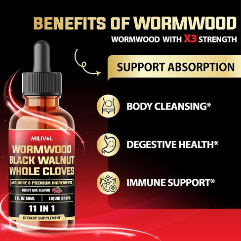 Wormwood Liquid Drops - Wormwood Extract Tincture with Black Walnut, Whole Cloves & 8 More Herbs - 2 Fl Oz for 60 Days Supply in Saudi Arabia