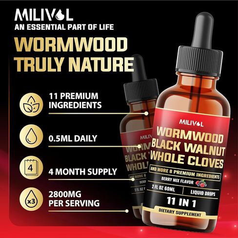 Wormwood Liquid Drops - Wormwood Extract Tincture with Black Walnut, Whole Cloves & 8 More Herbs - 2 Fl Oz for 60 Days Supply in Saudi Arabia