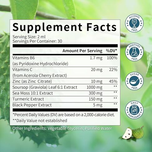 (2 عبوة) قطرات سائل Soursop Graviola - Soursop Bitters سائل مع طحالب البحر والكركم ، مستخلص أوراق الحمر لدعم الخلايا والاسترخاء ودعم المناعة ومضادات الأكسدة in Kuwait