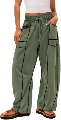 Barrel Pants Women High Waisted Drawstring Sweatpants Baggy Fall Lounge Pants Wide Leg Striped Trousers with Pockets in Saudi Arabia