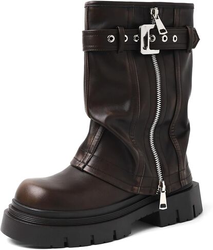 YIYA Women's Platform Fold Over Biker Mid Calf Boots Belt Buckle Square Toe Chunky Heel Zipper Short Boots Motorcycle Ankle Combat Boots in Saudi Arabia