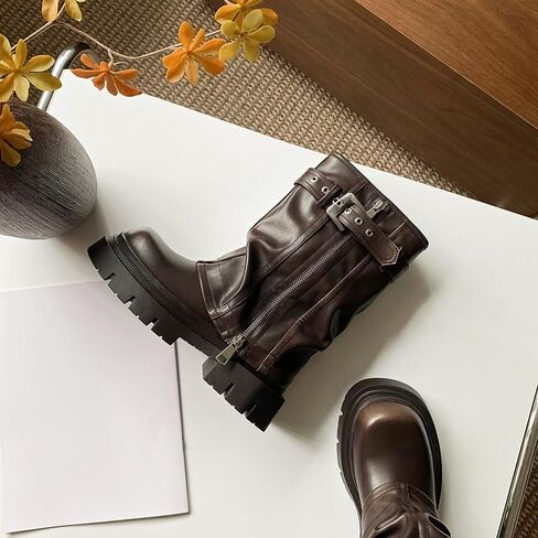 YIYA Women's Platform Fold Over Biker Mid Calf Boots Belt Buckle Square Toe Chunky Heel Zipper Short Boots Motorcycle Ankle Combat Boots in Saudi Arabia