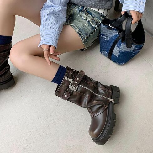 YIYA Women's Platform Fold Over Biker Mid Calf Boots Belt Buckle Square Toe Chunky Heel Zipper Short Boots Motorcycle Ankle Combat Boots in Saudi Arabia