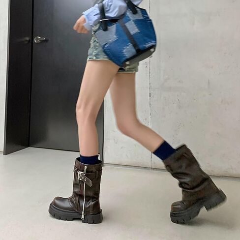 YIYA Women's Platform Fold Over Biker Mid Calf Boots Belt Buckle Square Toe Chunky Heel Zipper Short Boots Motorcycle Ankle Combat Boots in Saudi Arabia