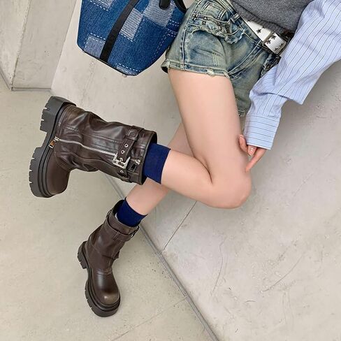 YIYA Women's Platform Fold Over Biker Mid Calf Boots Belt Buckle Square Toe Chunky Heel Zipper Short Boots Motorcycle Ankle Combat Boots in Saudi Arabia
