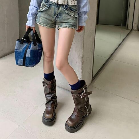 YIYA Women's Platform Fold Over Biker Mid Calf Boots Belt Buckle Square Toe Chunky Heel Zipper Short Boots Motorcycle Ankle Combat Boots in Saudi Arabia