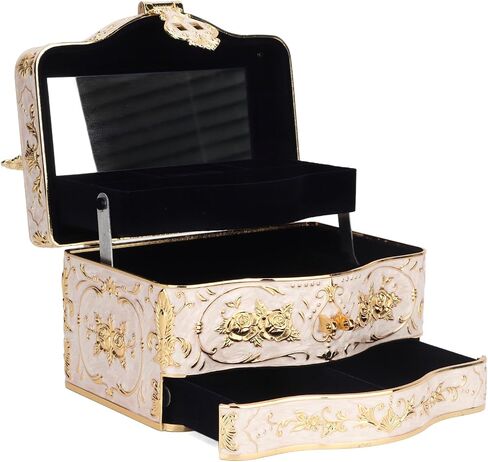 Jiawu Vintage Jewelry Box ، 3 طبقات صغيرة مصنّعة تخزين الحلية ، مربع صندوق الكنز ، صندوق مجوهرات ، صندوق هدايا مزخرف للمجوهرات للنساء (أبيض) in Kuwait