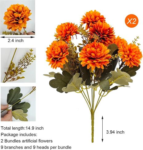 Fall Flowers الأمهات الاصطناعية 2 PCS 18 رؤساء الحرير chrysanthemums الأمهات وهمية Faux Faux Floral Bouquet الترتيبات للديكور المنزلي في الهواء الطلق الغراس أواني الشرفة الزفاف الخريف الديكور in Kuwait