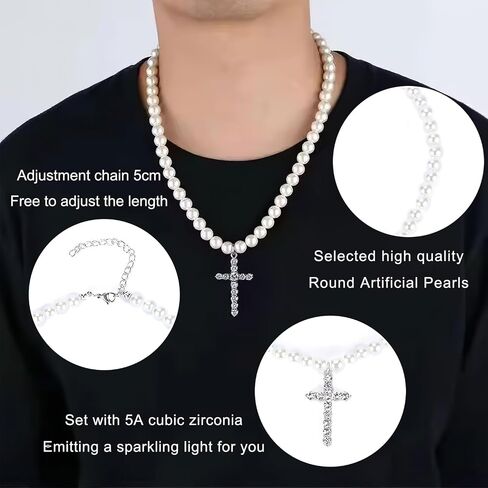 Cross pearl necklace for men pearl necklaces for women 8mm Faux Pearl Necklace Can be worn by both men and women Fashion Accessories is Perfect for any Occasion in Saudi Arabia