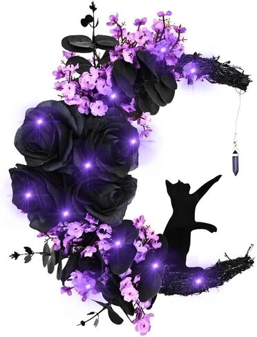 Halloween Moon Cat Wreaths for Front Door, 2025 New Black Cat Crescent Moon Wreath, Cute Cat Garland Halloween Door Decorations for Outdoor Indoor Decor Wall Window Home Party in Kuwait