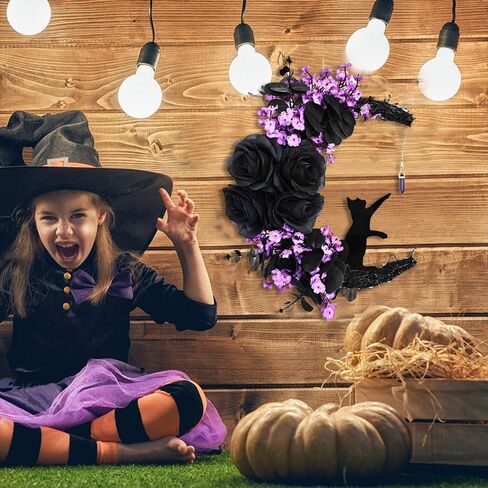 Halloween Moon Cat Wreaths for Front Door, 2025 New Black Cat Crescent Moon Wreath, Cute Cat Garland Halloween Door Decorations for Outdoor Indoor Decor Wall Window Home Party in Kuwait
