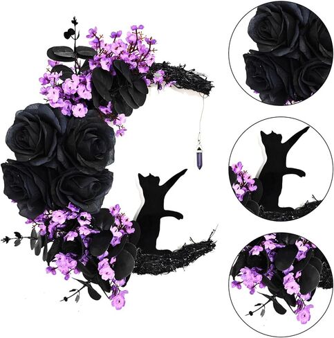Halloween Moon Cat Wreaths for Front Door, 2025 New Black Cat Crescent Moon Wreath, Cute Cat Garland Halloween Door Decorations for Outdoor Indoor Decor Wall Window Home Party in Kuwait