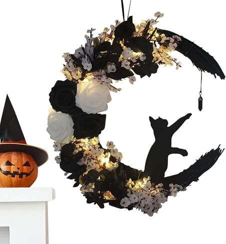 Halloween Moon Cat Wreaths for Front Door, 2025 New Black Cat Crescent Moon Wreath, Cute Cat Garland Halloween Door Decorations for Outdoor Indoor Decor Wall Window Home Party in Kuwait