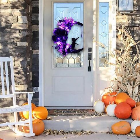 Halloween Moon Cat Wreaths for Front Door, 2025 New Black Cat Crescent Moon Wreath, Cute Cat Garland Halloween Door Decorations for Outdoor Indoor Decor Wall Window Home Party in Kuwait