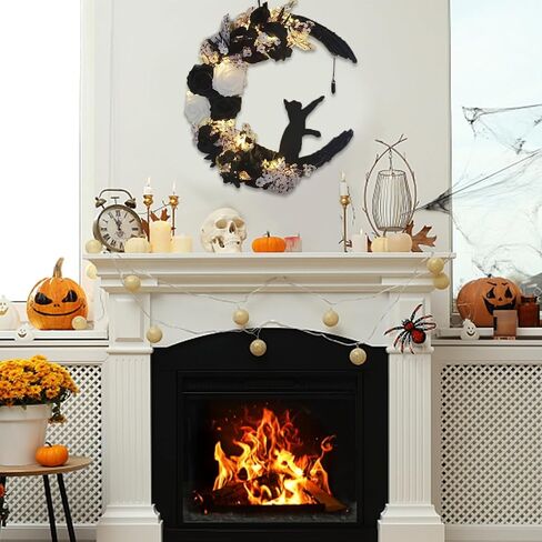 Halloween Moon Cat Wreaths for Front Door, 2025 New Black Cat Crescent Moon Wreath, Cute Cat Garland Halloween Door Decorations for Outdoor Indoor Decor Wall Window Home Party in Kuwait