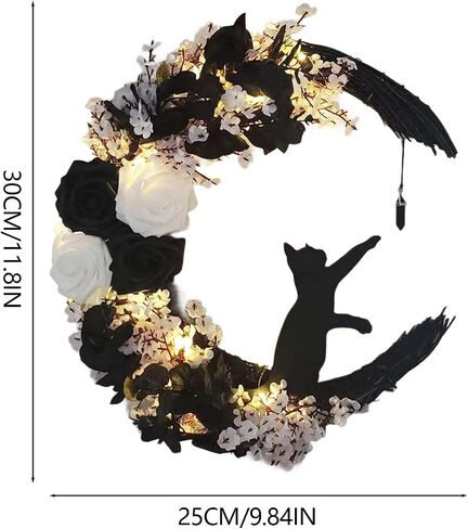 Halloween Moon Cat Wreaths for Front Door, 2025 New Black Cat Crescent Moon Wreath, Cute Cat Garland Halloween Door Decorations for Outdoor Indoor Decor Wall Window Home Party in Kuwait