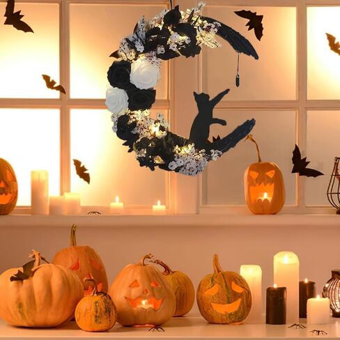 Halloween Moon Cat Wreaths for Front Door, 2025 New Black Cat Crescent Moon Wreath, Cute Cat Garland Halloween Door Decorations for Outdoor Indoor Decor Wall Window Home Party in Kuwait