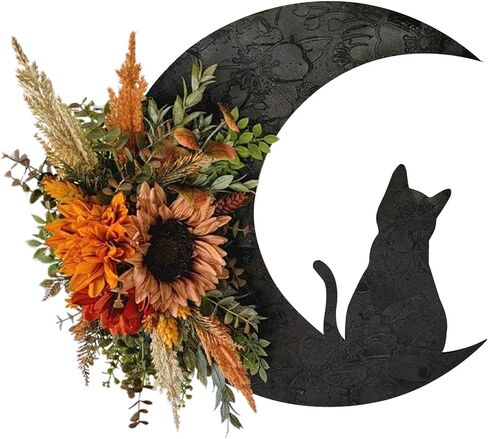 Halloween Moon Cat Wreaths for Front Door, 2025 New Black Cat Crescent Moon Wreath, Cute Cat Garland Halloween Door Decorations for Outdoor Indoor Decor Wall Window Home Party in Kuwait