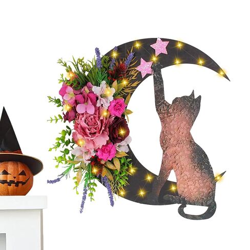 Halloween Moon Cat Wreaths for Front Door, 2025 New Black Cat Crescent Moon Wreath, Cute Cat Garland Halloween Door Decorations for Outdoor Indoor Decor Wall Window Home Party in Kuwait