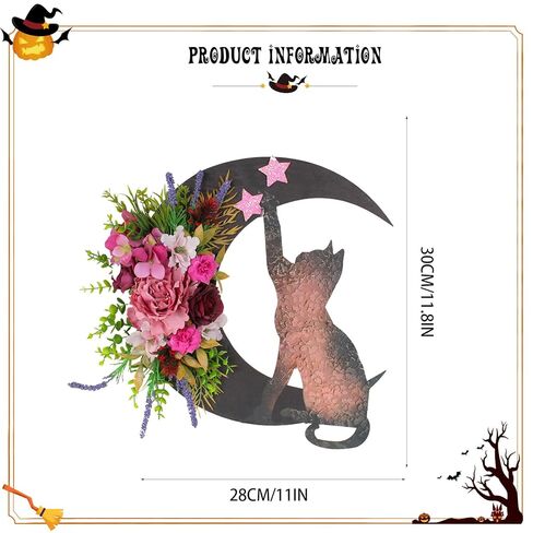 Halloween Moon Cat Wreaths for Front Door, 2025 New Black Cat Crescent Moon Wreath, Cute Cat Garland Halloween Door Decorations for Outdoor Indoor Decor Wall Window Home Party in Kuwait