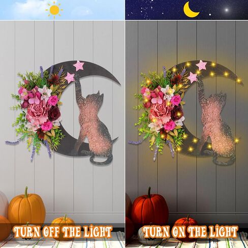 Halloween Moon Cat Wreaths for Front Door, 2025 New Black Cat Crescent Moon Wreath, Cute Cat Garland Halloween Door Decorations for Outdoor Indoor Decor Wall Window Home Party in Kuwait