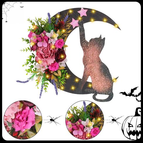 Halloween Moon Cat Wreaths for Front Door, 2025 New Black Cat Crescent Moon Wreath, Cute Cat Garland Halloween Door Decorations for Outdoor Indoor Decor Wall Window Home Party in Kuwait