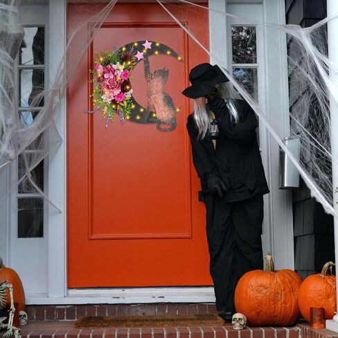 Halloween Moon Cat Wreaths for Front Door, 2025 New Black Cat Crescent Moon Wreath, Cute Cat Garland Halloween Door Decorations for Outdoor Indoor Decor Wall Window Home Party in Kuwait
