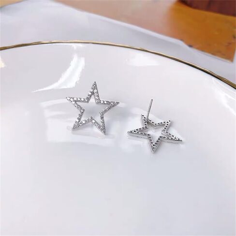Dainty Big CZ Star S925 Sterling Silver Stud Earrings for Women Hypoallergenic Cute Sparkly Crystal Hollow Stars Geometric Statement Studs Fashion Festival Christmas Birthday Jewelry for Her Bff Daughter Thanksgiving in Saudi Arabia