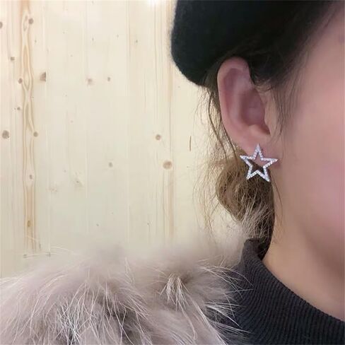 Dainty Big CZ Star S925 Sterling Silver Stud Earrings for Women Hypoallergenic Cute Sparkly Crystal Hollow Stars Geometric Statement Studs Fashion Festival Christmas Birthday Jewelry for Her Bff Daughter Thanksgiving in Saudi Arabia