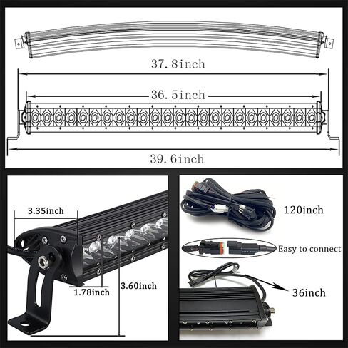 شريط إضاءة LED مقاس 36 بوصة منحني صف واحد مع حزام أسلاك DT، مصابيح عمل رفيعة 180 وات، مجموعة إضاءة للطرق الوعرة، مصباح ضباب 12 فولت لشاحنة SUV ATV UTE Pickup 4X4، IP68 مقاوم للماء in Saudi Arabia