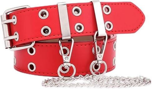 Gothic Belt Double Grommet Buckle Leather Belt for Mens Women Jeans Fashion Belt Punk Rock y2k with Chain in Saudi Arabia