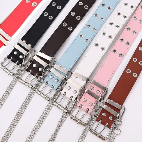 Gothic Belt Double Grommet Buckle Leather Belt for Mens Women Jeans Fashion Belt Punk Rock y2k with Chain in Saudi Arabia