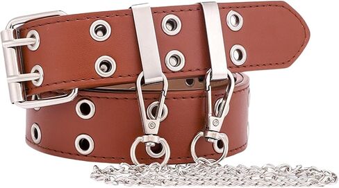 Gothic Belt Double Grommet Buckle Leather Belt for Mens Women Jeans Fashion Belt Punk Rock y2k with Chain in Saudi Arabia