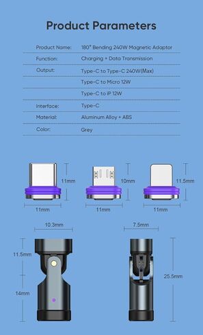 Magnetic 240W شحن سريع للغاية 48V/ 5A وبيانات 180 درجة محول USB Type-C مع الموصلات المغناطيسية-3 Type-C ، محولات 2 in Kuwait