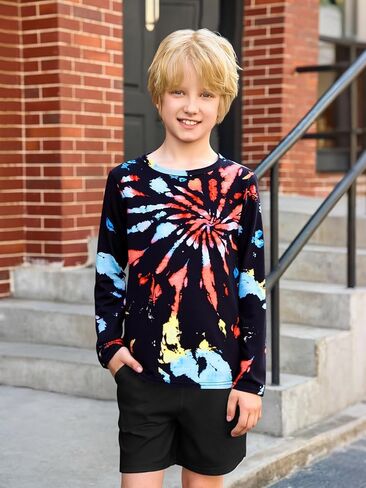 Haloumoning Boys Tie Dye Shirts Kids Long Sleeve Crewneck Shirt Casual Hippies Tees Tops 5-14 Years in Saudi Arabia