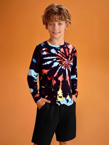 Haloumoning Boys Tie Dye Shirts Kids Long Sleeve Crewneck Shirt Casual Hippies Tees Tops 5-14 Years in Saudi Arabia