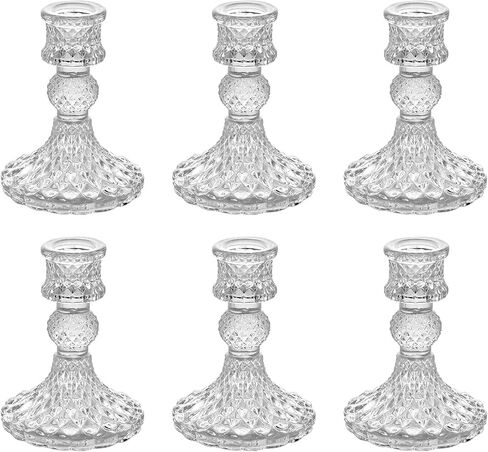 6 Pack Glass Taper Candlestick Holders, Clear Candlestick Holders, 4" H Crystal Candle Holders Decorative Candle Stand Centerpiece for Wedding, Festival, Dinning Party Table Decor in Kuwait