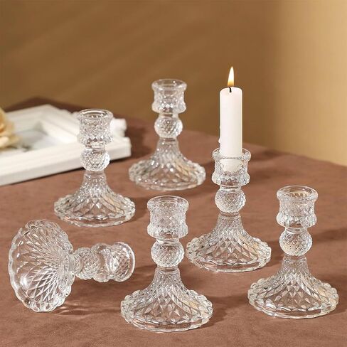 6 Pack Glass Taper Candlestick Holders, Clear Candlestick Holders, 4" H Crystal Candle Holders Decorative Candle Stand Centerpiece for Wedding, Festival, Dinning Party Table Decor in Kuwait